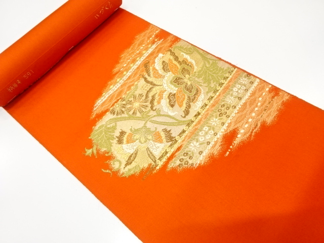 JAPANESE KIMONO / ANTIQUE BOLT FOR NAGOYA OBI / WOVEN FLORAL SARASA / BY IZUKURA